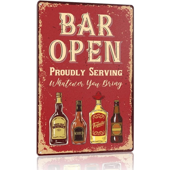 Vintage Metal Decor Sign for Home Drink Bar Pub Decorations, Funny Man Cave Basement Garage Bar Wall Art Decor, Drink Alcohol Lovers Gifts, Open, 12 X 8 Inches Strong & Sturdy Metal Sign