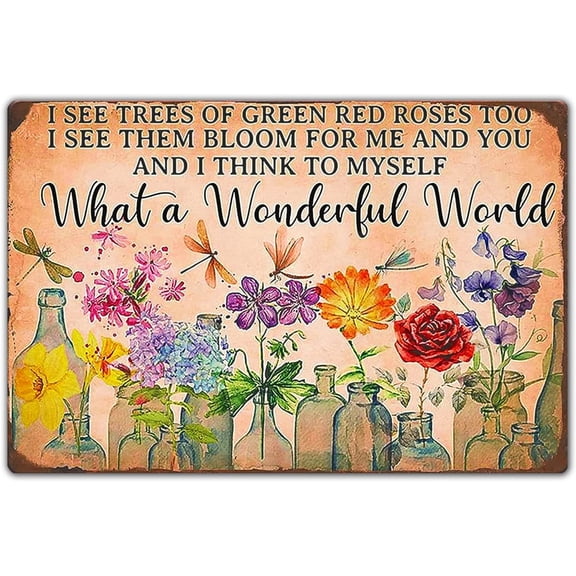 Vintage Metal Tin Sign Dragonfly What A Wonderful World Flowers Wall Decor 8x12 Inch for House Garden Kitchen Office Living Room Cafes