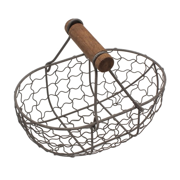 Vintage Metal Egg Basket for Fresh Eggs with Wooden Handle,Round Egg Collecting Basket,Countertop Storage Container Holder Fruit Bin,4.72x7.09 inch Kitchen Storage Basket for Bread Vegetable (Black)