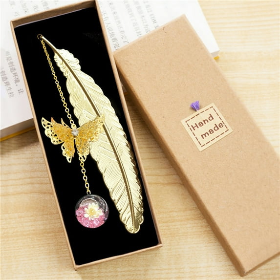 Vintage Metal Feather Bookmark 3D Butterfly Pendant Dried Flower Book Lovers Gift Book Accessories with Gift Box