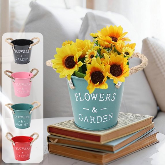 Vintage Metal Flower Bucket – Iron Garden Pots with Letters | Farmhouse Style Vase for Indoor Outdoor Decor | 14x14x13cm Multi-Color