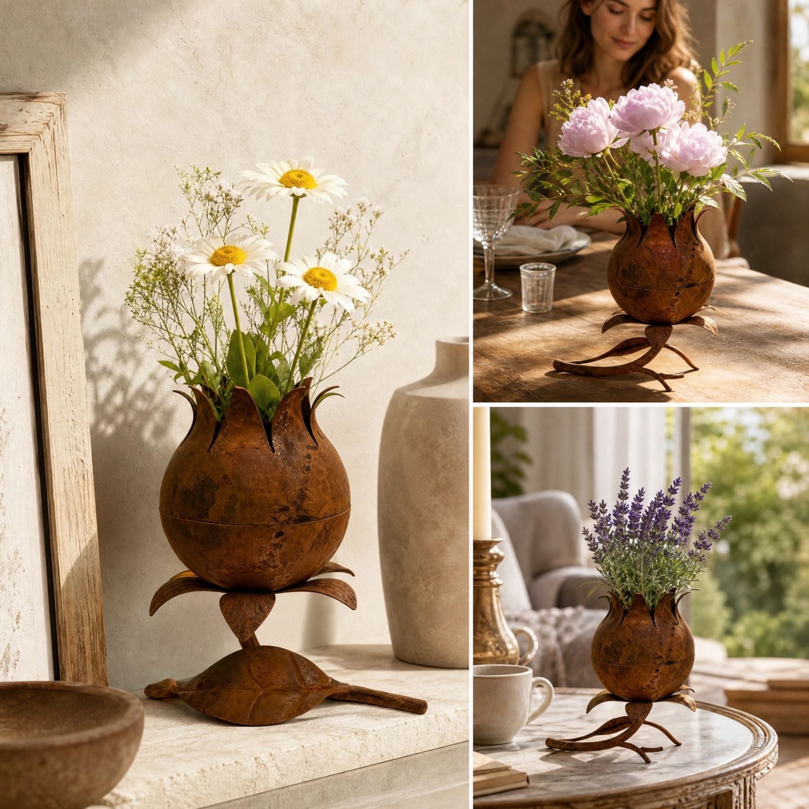 Vintage Metal Flower Vase, Wrought Iron Floral Arrangement Holder with ...