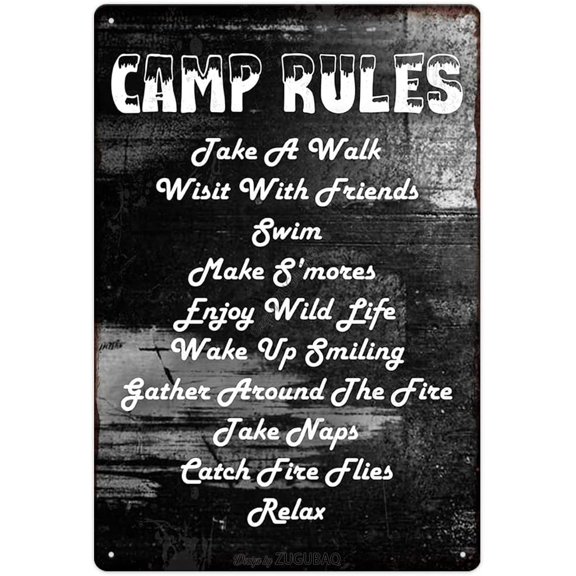 Vintage Metal Funny Camping Tin Sign-Camp Rules Take A Walk Visit With Friends Swim Outdoor Porch Patio Home Kitchen Garden Bar Poster Retro Decor Art 8X12 Inch Wall Decor
