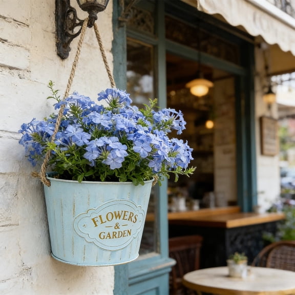 Vintage Metal Hanging Flower Pot – Rustic Blue Iron Wall Basket with Rope Handle – Weather-Resistant Planter for Succulents, Dried Flowers & Outdoor Garden Decor,Blue