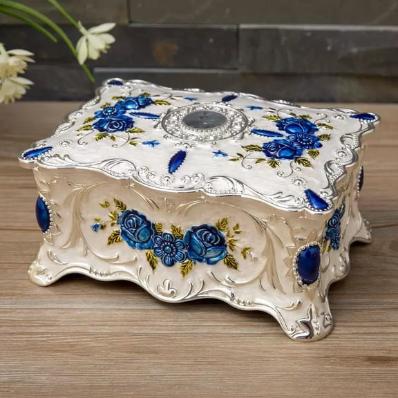 Vintage Metal Jewelry Box with Floral Carving – Antique Trinket Organizer Storage Case Blue Velvet Lining for Rings, Earrings, Gift