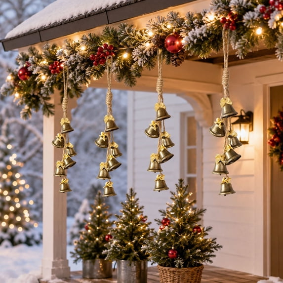 Vintage Metal Jingle Bells Garland with Rope Bow for Farmhouse Christmas Tree Door Wall Decor