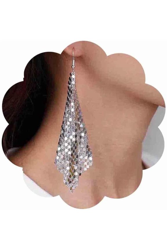 Vintage Metal Mesh Earrings Grid Sequins Dangle Earrings Long Tassel Sequins Drop Earrings Lightweight Mesh Hook Earrings Jewelry for Women (Gold)