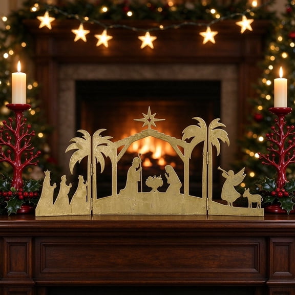 Vintage Metal Nativity Scene, Christmas Nativity Scene Holy Family Figurines, Minimalism Boho Tabletop Christmas Manger Decorations for Indoor Home Mantel Display