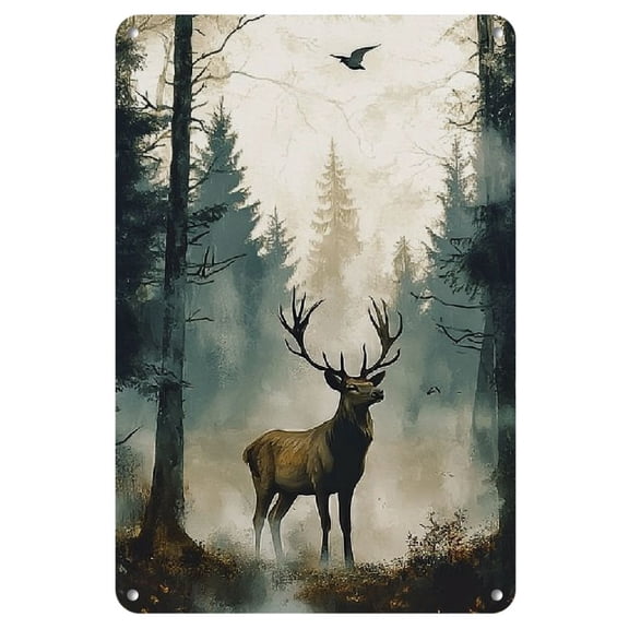 Vintage Metal Painted signage - Misty Forest Elk design, rustic iron wall art decoration, suitable for gym, bar, cafe, garage, home, garden, indoor/ outdoor decorative plaque, animal theme