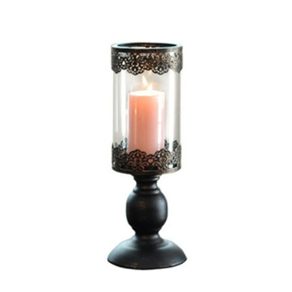 Vintage Metal Pillar Candle Holder with Glass Screen Cover for Home Wedding Dinner Decoration