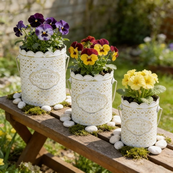 Vintage Metal Planter Set,Rustic Distressed Garden Plant Buckets Flower Pots with Handle,Farmhouse Floral Containers for Indoor Outdoor Home Gardening Tabletop Centerpieces Wedding Decor White