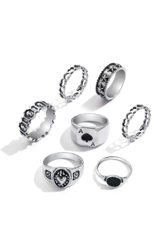 Vintage Metal Playing Cards Spade Rings, Unisex Alloy Geometry Pattern Bohemian Style Rings, Set of 4, 5, or 7