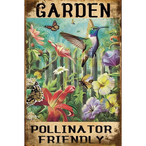 Vintage Metal Pollinator Garden Sign, 8 x 12 Inch Outdoor Yard Decor