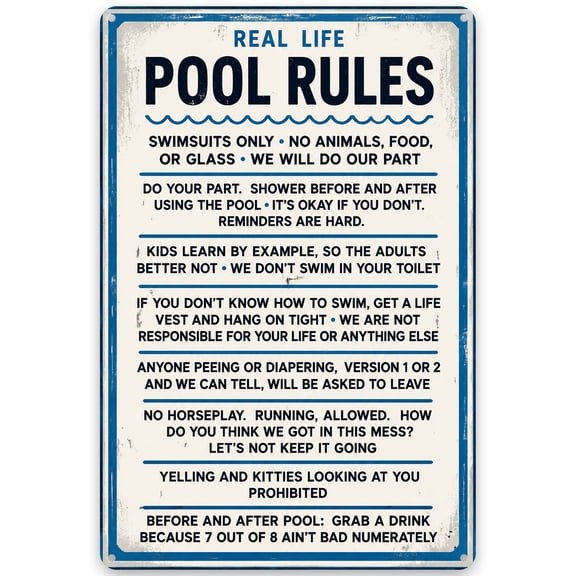Vintage Metal Pool Rules Sign, 8x12 Inch Iron Wall Decor for Home Bar or Outdoor Space, Rustic Weatherproof Finish, Easy Hanging with Pre-Drilled Holes, Retro Swimming Humor Decor