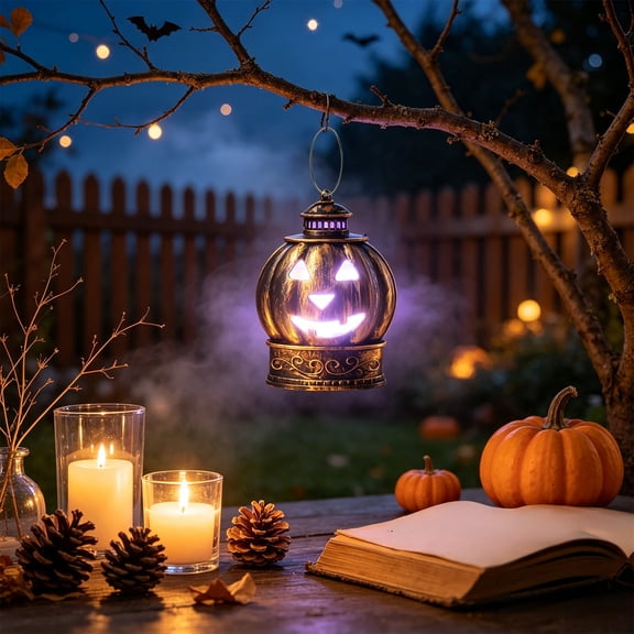 Vintage Metal Pumpkin Lantern with LED Lights, Halloween Hanging Decor Lamp for Yard Window Table Autumn Party Display, Distressed Pumpkin Shape with Warm Yellow and Purple Glow, Gold