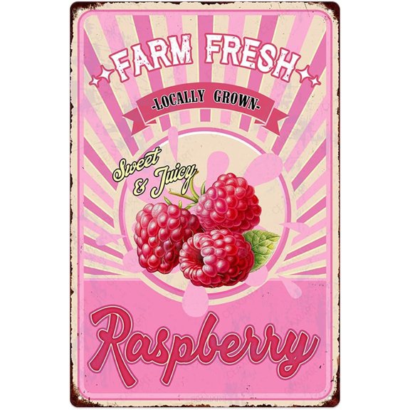 Vintage Metal Raspberry Farm Fresh Wall Sign, Retro Fruit Poster for Kitchen Cafe Bar Home Decor, 12 x 8 Inch