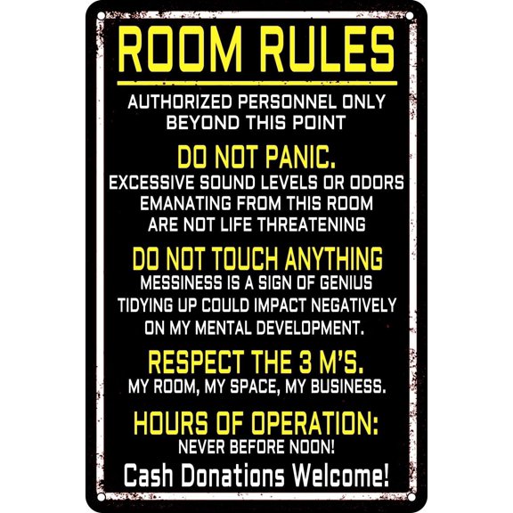 Vintage Metal Room Rules Gaming Wall Sign, Funny Door Decor for Bedroom or Dorm, 12 x 8 Inch