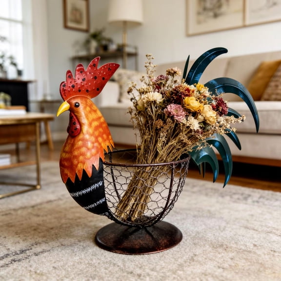 Vintage Metal Rooster Wire Basket 17Inch Rustic Chicken Egg Basket For Farmhouse Kitchen Decor And Storage