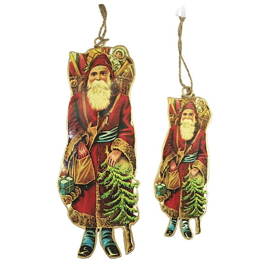 Vintage Metal Santa - Two Ornaments 7 Inch, Metal - St Nick Tree Gifts A69023-A69024