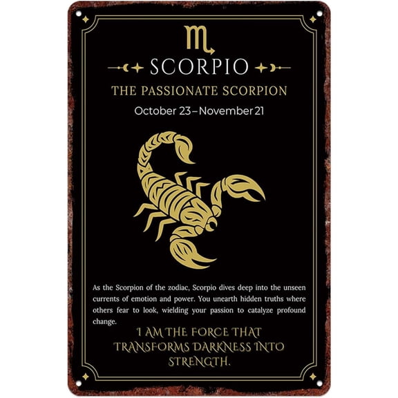 Vintage Metal Scorpio Zodiac Wall Art Print With Golden Scorpion Emblem 8 x 12 Inch