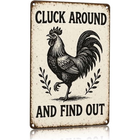 Vintage Metal Sign 8x12 Inch Farmhouse Decor Cluck Around And Find Out Rustic Aluminum Wall Art with Rooster Design for Kitchen Bar Garage Man Cave