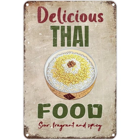Vintage Metal Sign Aluminum Sign 8x12 inch DELICIOUS THAI FOOD Sour Fragrant And Spicy Jasmine Rice Tin Sign Retro Wall Decor for Home, Cafe, and Garden - Christmas Gift For Home Decor