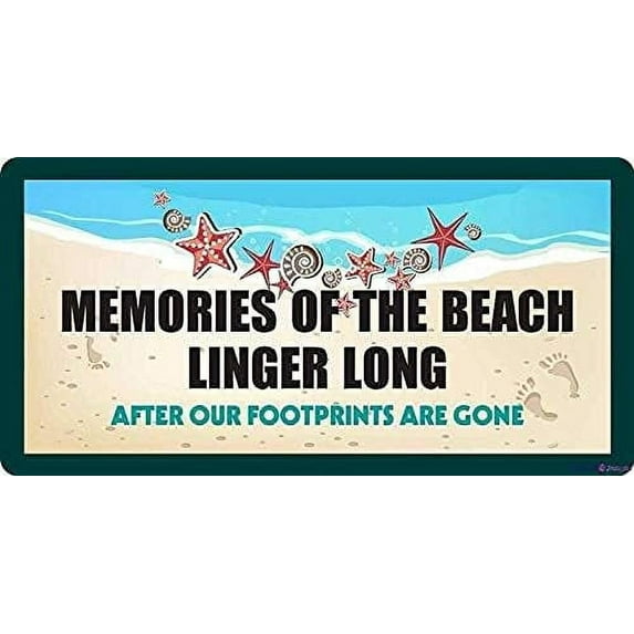 Vintage Metal Sign Car License Plate Memories The Beach Linger Long After Our Footprints are Gone Retro Home Cave Garage bar Country Poster Club Truck Wall Decoration Tin Sign 6 x 12 Inch