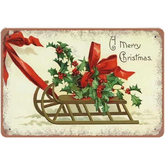 Vintage Metal Sign Christmas Sleigh Greetings Rectangular tin Sign Aluminum Sign for Bathroom Kitchen Home Bar Cafe Garage Man Cave 8" x 12"