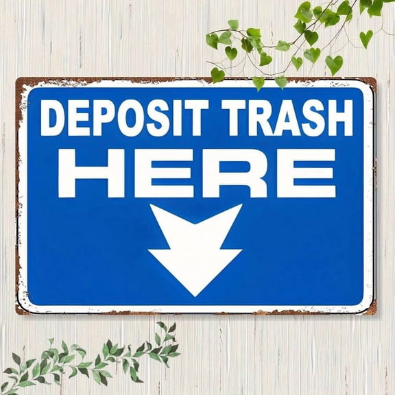 Vintage Metal Sign: Deposit Trash Here Arrow Indicator - Mix Color, Distressed Blue & White, 8x12 Inch, Garage Style Wall Decor