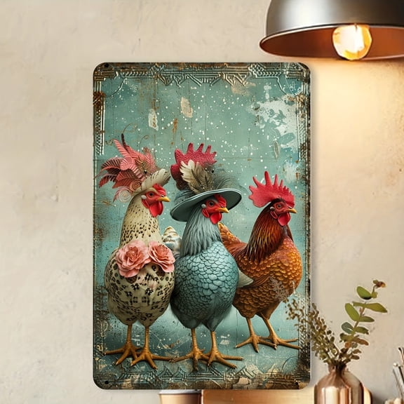 Vintage Metal Sign Dressed-Up Chickens Farmhouse Wall Decor for Kitchen or Home