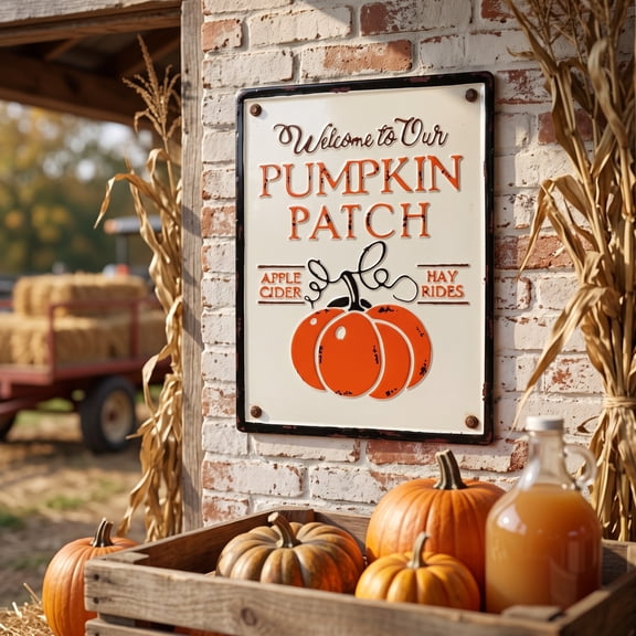 Vintage Metal Sign, Embossed Pumpkin Tin Sign, Welcome To Our Fall Wall Decor for Home Porch Garage, 8 x 12 Inch, Rustic Farmhouse Thanksgiving Ornament