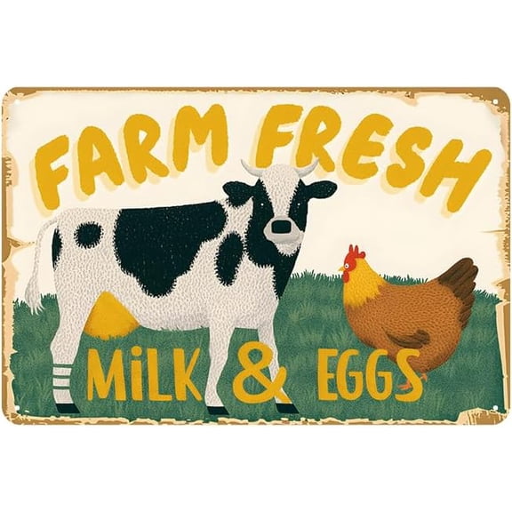 Vintage Metal Sign Farm Fresh Tin Sign Cow Chicken Milk and Eggs Rustic Decor Funny Metal Wall Art Painting Home Kitchen Farmhouse Ranch Zoo Cave Wall Decor Retro Decoration 12x8 Inch