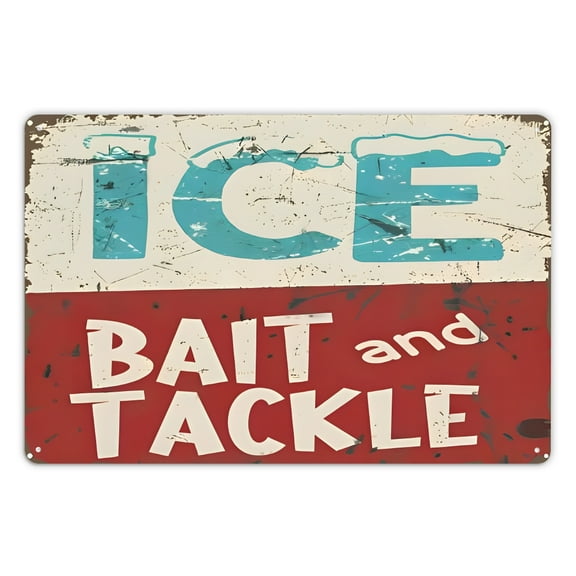 Vintage Metal Sign Ice Bait Tackle Fishing Decor - Universal Holiday Rustic Frameless Metal Sign for Marina, Shop, Lake House, Cottage, Cabin - Outdoor Fishing Lover Gift, 12x16 inch
