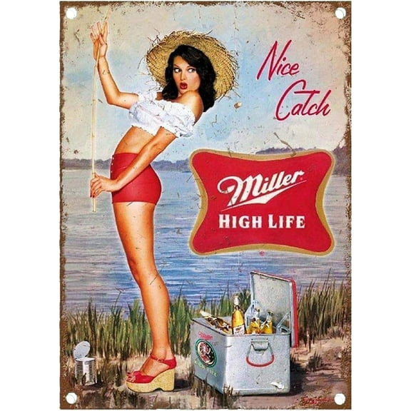 Vintage Metal Sign, Miller Beer Pin Up Girl Wall Decor, Bar Pub Kitchen Garage Decoration 8x12 INCH
