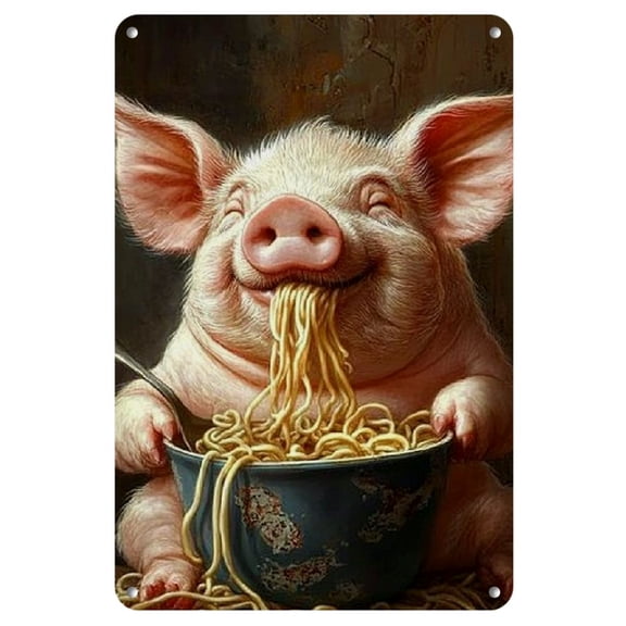 Vintage Metal Sign - Playful Pig Enjoying Noodles, Animal Themed Decorative Wall Hanging Plaque for Home, Farmhouse, Garden, Kitchen, Bathroom, Bedroom - Ideal for Street, Yard, Mall, Garage, Cafe
