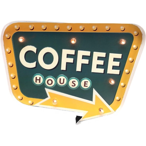 Vintage Metal Sign Retro Arrow Plaqu Wall Mount Coffee Bar Sign Coffee Neon Sign LED Neon Arrow Sign Wall Art Decoration for Coffee Store Shop Restaurant