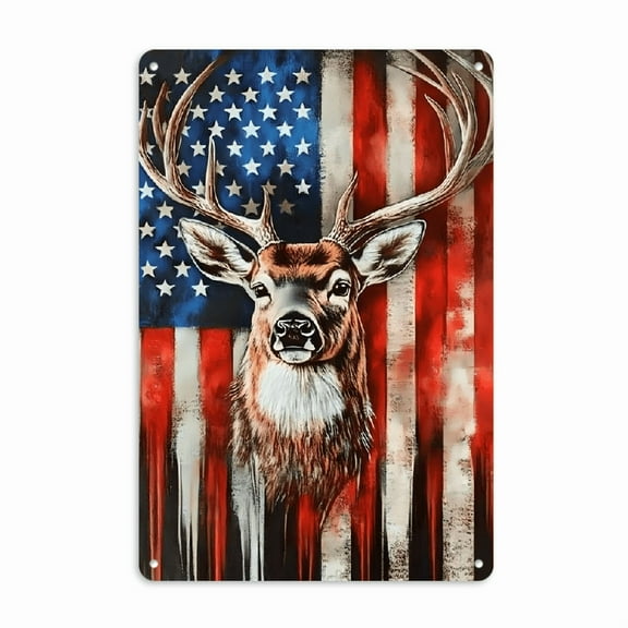 [Vintage Metal Sign] Vintage American Flag Deer Metal Sign, 1pc, 12x8in _ Hunting Metal Tin Sign Wall for Man Cave Decor, House Bar Wall Art