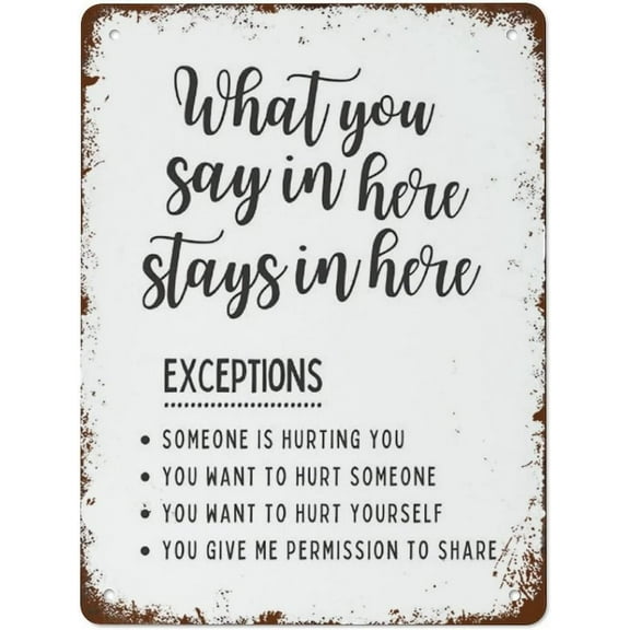 Vintage Metal Signs Confidentiality Poster Print Counseling Office Decor What You Say in Here Stays Retro Tin Sign Wall Art Size: 12 x 16 inch