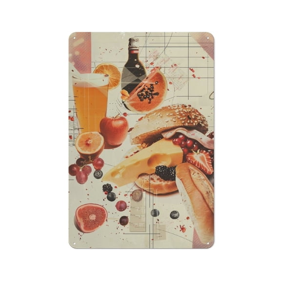 Vintage Metal SignsTin Hanging Picture Fruit - Burger Fusion A Culinary Collage Extravaganza Style-27 12*16inchSigns Stylish Wall Art Plaques for Home Decor Bathroom Kitchen House