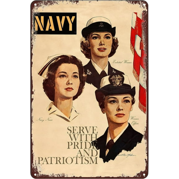 Vintage Metal Signs WW2 US Navy Women Recruiting Poster Serve With Pride Military Female Soldiers Tin Sign Wall Art Decor Plaque for Home Bar Pub Club Cafe Garage Office 8x12 inch