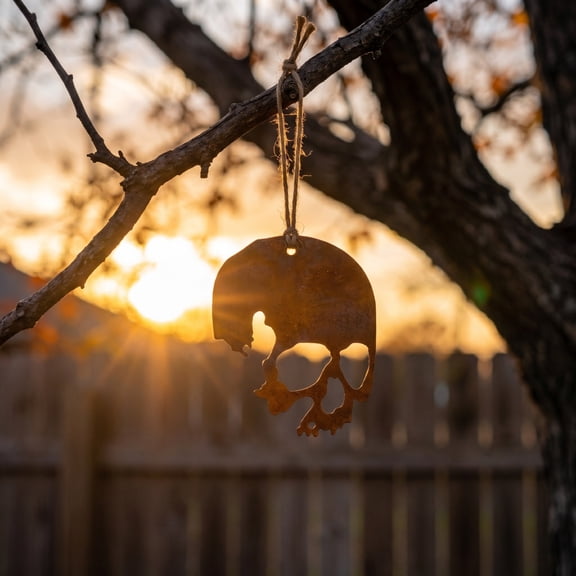 Vintage Metal Skull Hanging Ornaments - 4-Pack Rust-Finished Cutout Tags with Jute Rope, Spooky Gothic Decor for Trees, Porch & Halloween Party Vibes