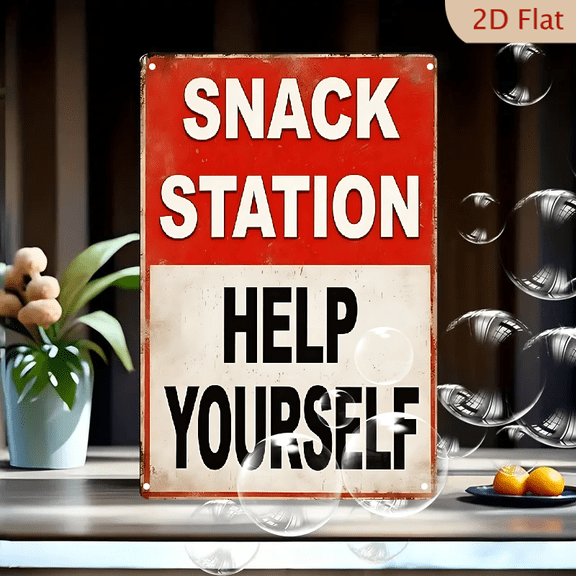 Vintage Metal Snack Station Sign 8x12 Inches, Rustic Distressed Diner Wall Art with Chipped Paint, Retro Help Yourself Breakroom Decor for Kitchen or Office