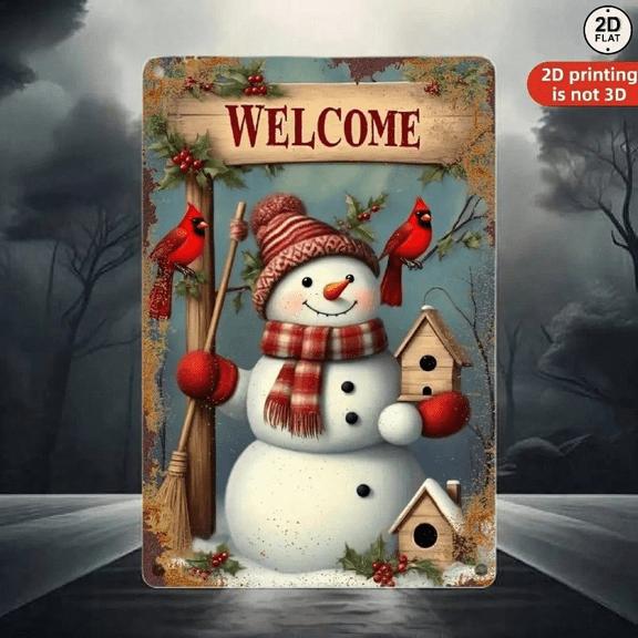 Vintage Metal Snowman Welcome Sign, Rustic Winter Wall Decor With Cardinal Birds & Holly, 2D Flat Red White Green Christmas Plag