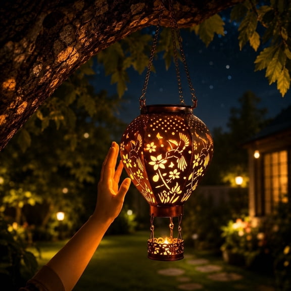Vintage Metal Solar Hanging Hot Air Balloon Lantern Hummingbird Floral Cutout Shadow Projection Light Waterproof Garden Decor for Tree Branch Patio Gazebo Backyard Garden