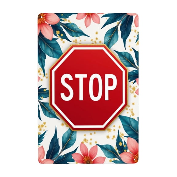 Vintage Metal Stop Sign Tin Sign Vertical Street Traffic Slow Warning Sign Street Slow Warning Signs Aluminum 12x8 IN Flowers and leaves golden art design Indoor/Outdoor Yard Around Sign