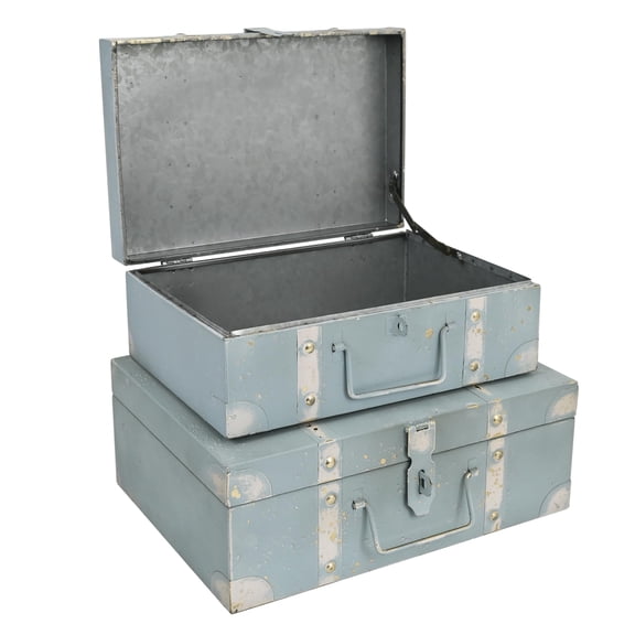 Vintage Metal Storage Trunks - Set of 2, Antique Decorative Storage Chests with Lids, Decorative Suitcase Boxes, Vintage Suitcases for Keepsakes and Home Decor, Green