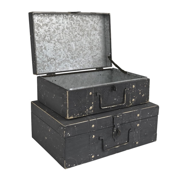Vintage Metal Storage Trunks - Set of 2, Antique Decorative Storage Chests with Lids, Decorative Suitcase Boxes, Vintage Suitcases for Keepsakes and Home Decor, Green