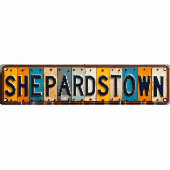 Vintage Metal Street Sign 16*4 Inches "SHEPHERDSTOWN" Street Bar Garage Fence Patio Decor Color Block Letter Design