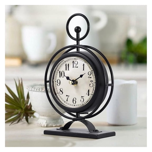 Vintage Metal Table Clock on Stand, Decorative Desk and Shelf Clock, Rustic Black Mantel Clock for Kitchen, Living Room, Silent Desk Clock Farmhouse Shelf Decor Battery Operated
