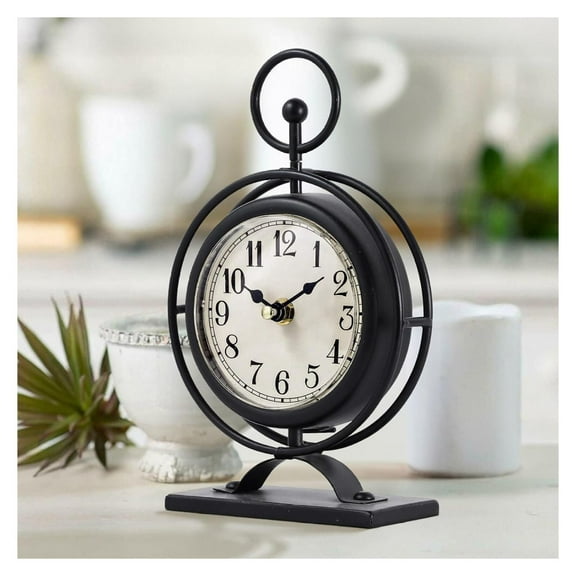 Vintage Metal Table Clock on Stand, Decorative Desk and Shelf Clock, Rustic Black Mantel Clock for Kitchen, Living Room, Silent Desk Clock Farmhouse Shelf Decor Battery Operated
